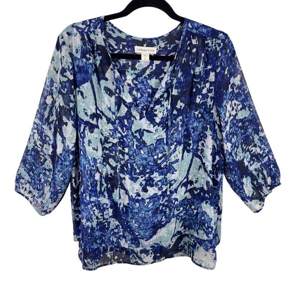 Coldwater Creek Blue Green Artsy 3/4 Sleeve Tasseled Layered Chiffon Blouse Sz L - Picture 1 of 9